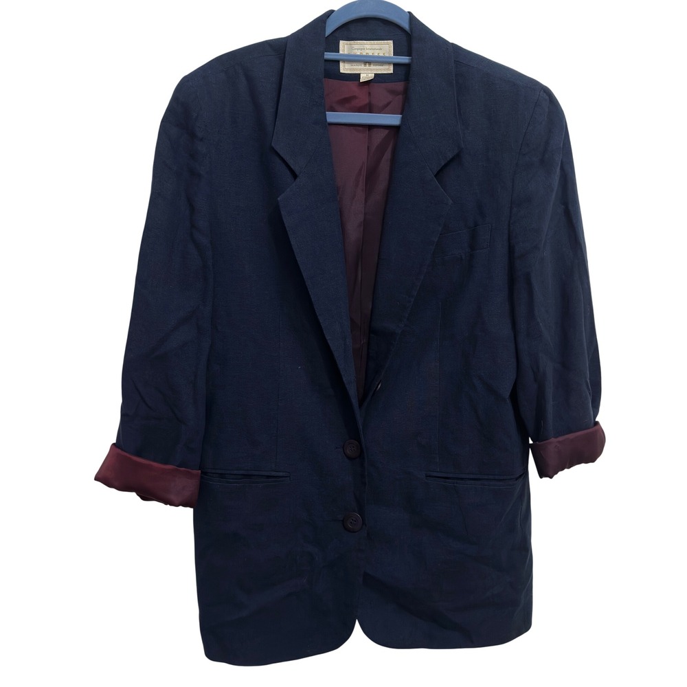 Express Vintage Blazer 80s 90s Navy Blue Linen Rayon Solid Size M